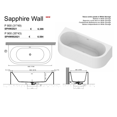 Moma Design Sapphire Wall ванна пристінна 180 см