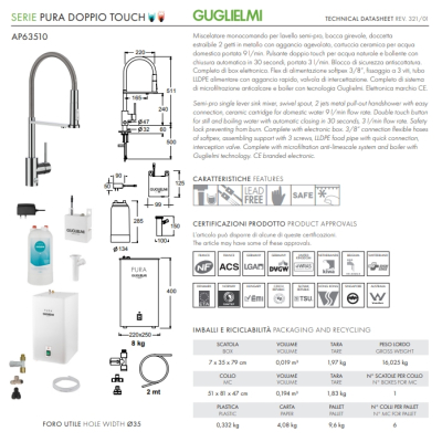 GUGLIELMI PURA DOPPIO TOUCH Змішувач для кухні з кип'яченою та фільтрованою водою AP63510