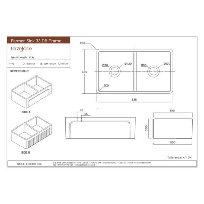 Terzofoco Kitchen Frame 33DB кухонна мийка подвійна 84см