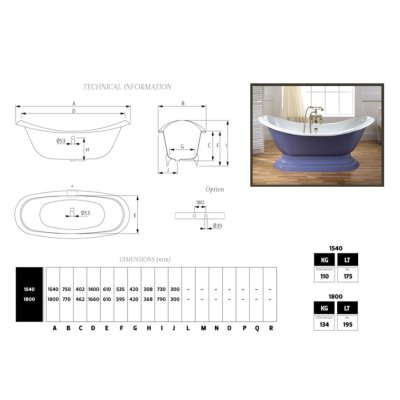 Bleu Provence Thym  su Base ванна окремостояща 154 см 5050B  