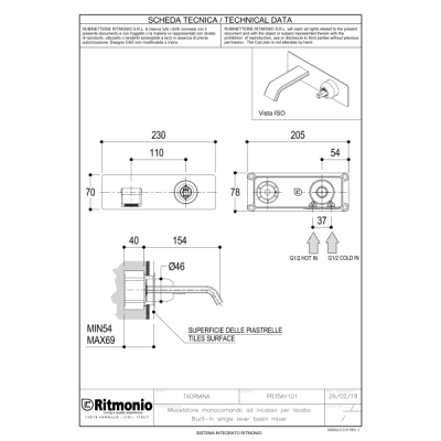 Ritmonio Taormina змішувач для раковини настінний PR35AY101+PR35MC001